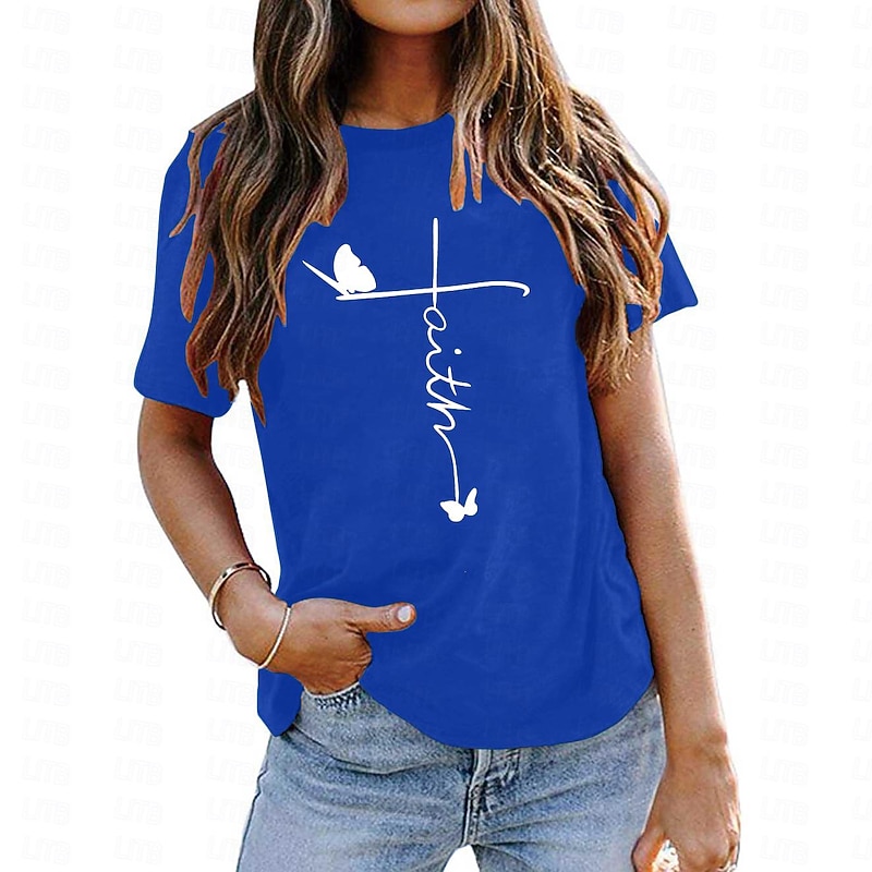 Women's T Shirt Butterfly Letter Faith Basic Short Sleeve Round Neck Regular Tops Daily Navy blue (white font) Black (white font) Dark green (white font) dark grey (white font) Burgundy (white font)2