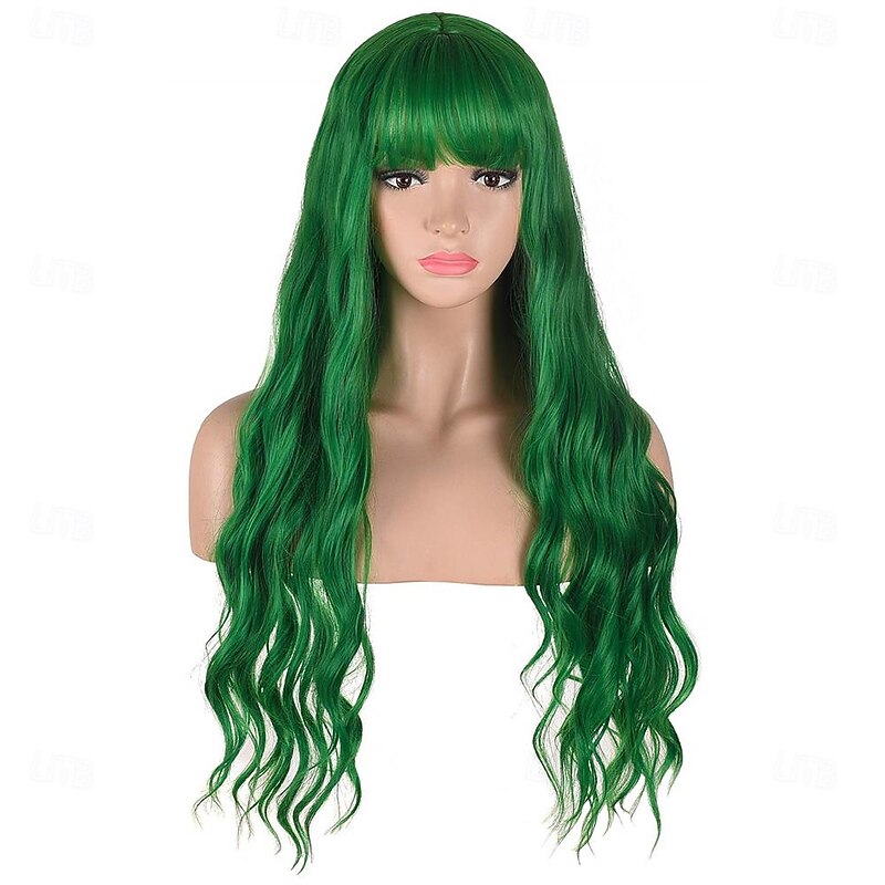 Long Wavy Green Wig with Bangs  Heat Resistant Synthetic Hair Wigs for Women Halloween Costume Cosplay Party St.Patrick's Day Wigs