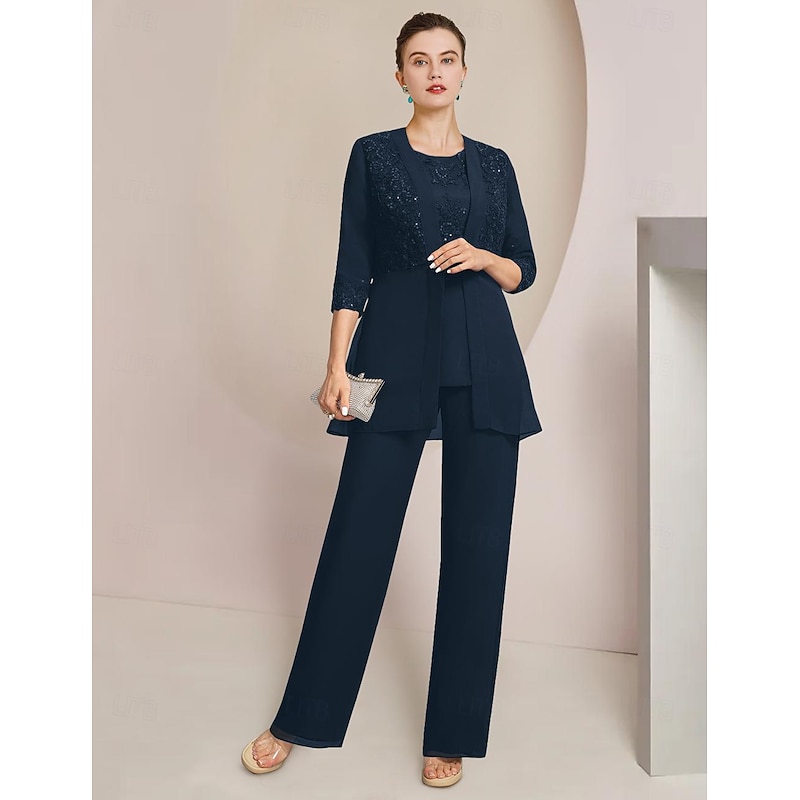 Beach Wedding Pantsuit 3 Piece Mother of the Bride  Formal Wedding Guest Elegant Scoop Neck Floor Length Chiffon Lace Sequined 3/4 Length Sleeve with Lace Sequin free custom