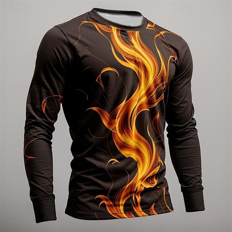 Men's Graphic Hellfire Flames Flame T Shirt Long Sleeve T shirt 3D Print Crew Neck Shirt Fashion Designer Casual Sports Outdoor Holiday Going out Yellow Blue Orange Spring &  Fall Clothing Apparel S