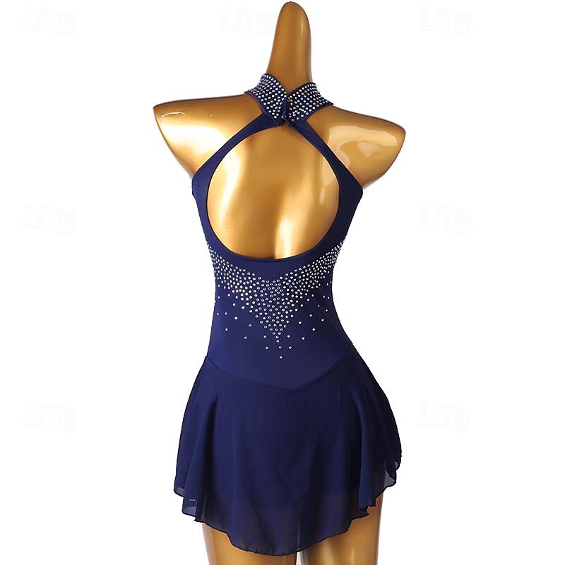 Dance Salsa Latin Dance Dress Rhinestone Women's Girls' Performance Training Sleeveless High Chiffon Spandex3