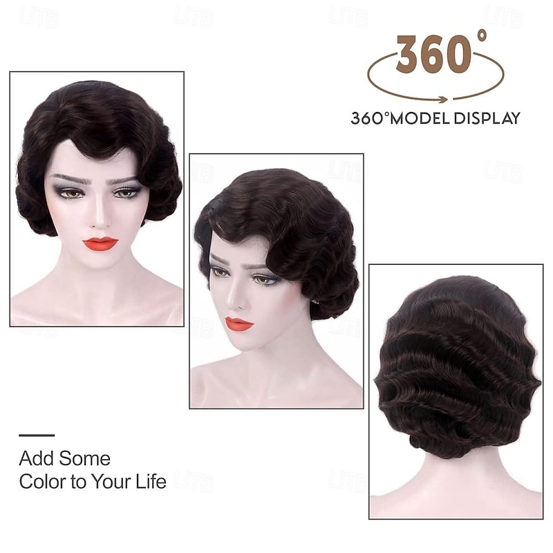 Brown Short 20s Wigs for Women Finger Wave Natural Synthetic Hair Wig for Women Lady Ladies Cosplay Anime Party Costume Anime Flapper Wig Halloween Wigs3