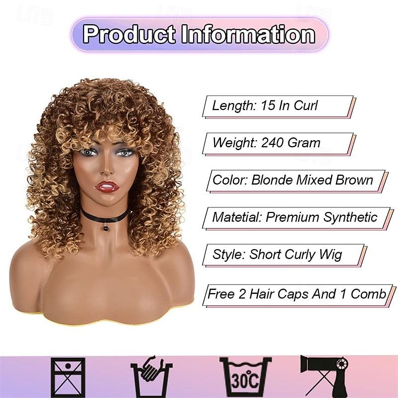 Curly Wigs for Black Women 14 Inches Soft Curly Afro Wigs With Bangs Premium Synthetic Brown Mixed Blonde Curly Wigs Curly Full Wig for Black Women Daily Use Halloween Wigs4