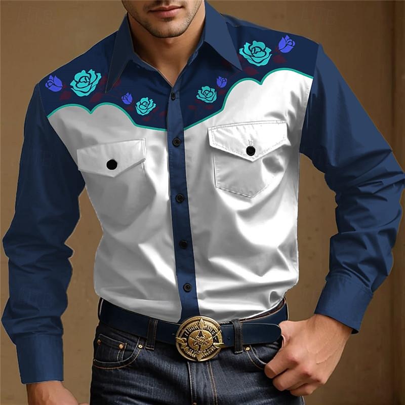 Men's Rose Western Shirt Button Up Shirt Cowboy Shirt Long Sleeve Vintage Western Daily Wear Going out Weekend Spring Fall Winter Turndown Collared Shirts 3D Print Front Pocket Burgundy Dark Navy