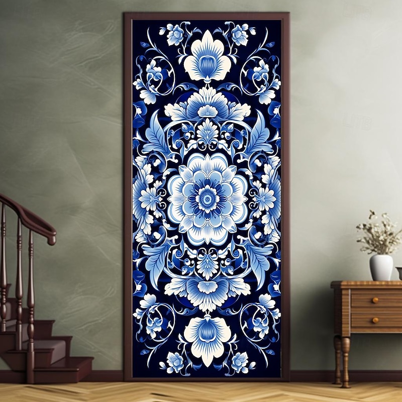 Blue Sketch Flowers Door Covers Door Tapestry Door Curtain Decoration Backdrop Door Banner for Front Door Farmhouse Holiday Party Decor Supplies3
