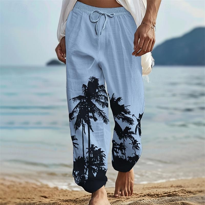 Men's Coconut Tree Linen Pants Pants Trousers Baggy Pants Mid Waist Vintage Outdoor Daily Wear Beach Fall & Winter White Blue Green3