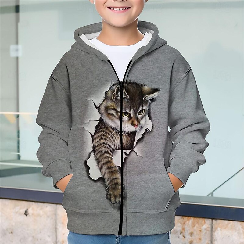 Boys 3D Cat Hoodie Coat Outerwear Long Sleeve Fall Winter Active Streetwear Cool Polyester Kids 3-12 Years Zip Street Daily Regular Fit2