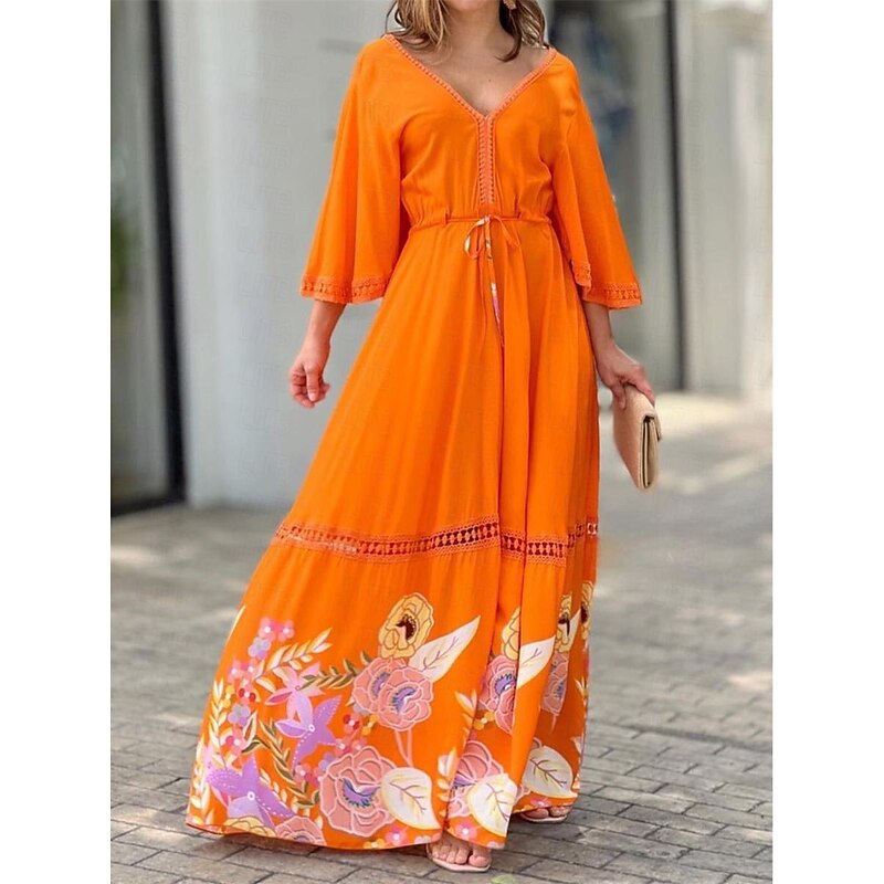 Women's Casual Dress Floral Lace up Eyelet V Neck Long Dress Maxi Dress Vacation 3/4 Length Sleeve Summer Spring