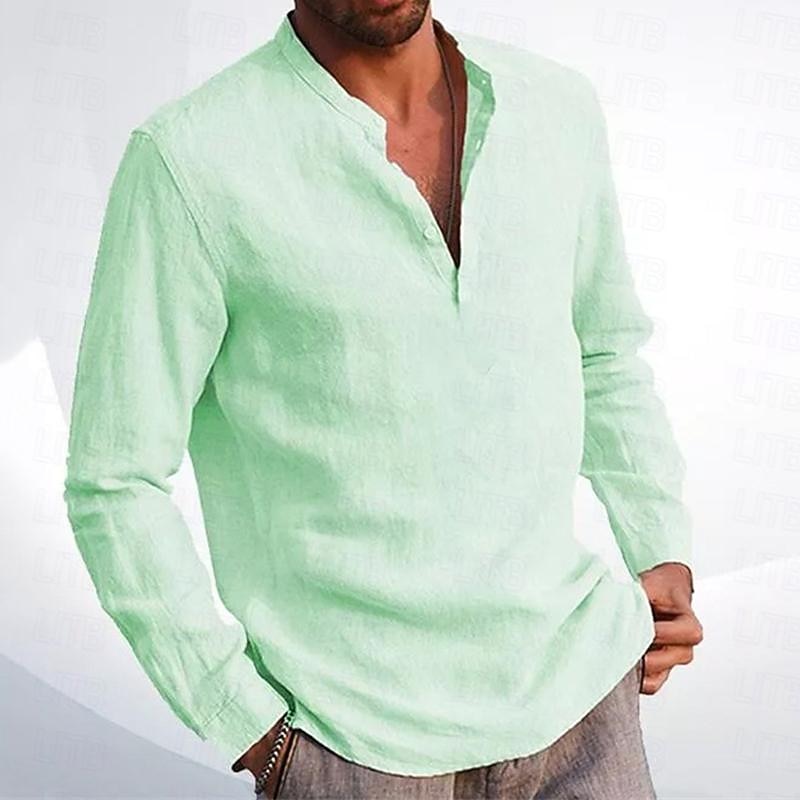 Men's Shirt Linen Shirt Chinese Collar Shirt Mandarin Collar Shirt Summer Shirt Beach Shirt Plain Vacation Hawaiian Beige Long Sleeve Standing Collar Spring & Fall Clothing Apparel Button-Down 7