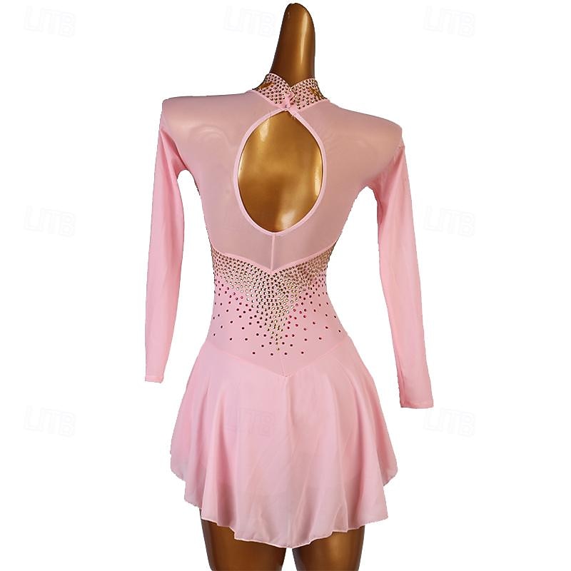 Dance Salsa Latin Dance Dress Rhinestone Women's Performance Training Long Sleeve High Spandex Tulle2