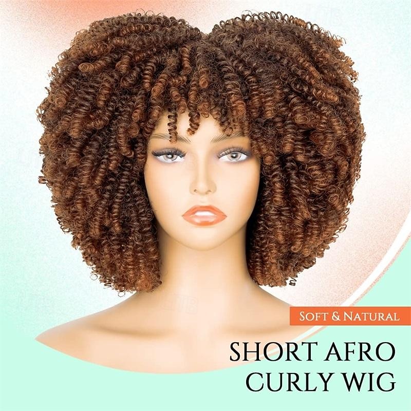 Afro Kinky Curly Wigs for Black Women Glueless Synthetic Short Curly Afro Wig with Bangs Ombre Brown 12 Inch Halloween Wigs2