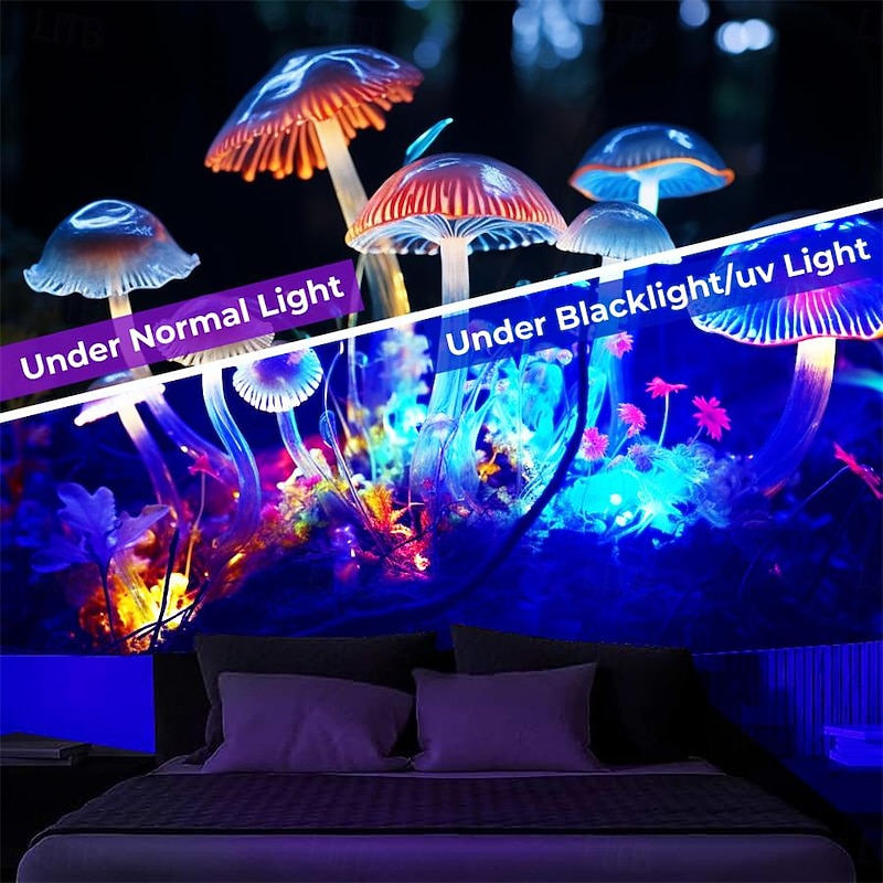 Blacklight Tapestry UV Reactive Glow in the Dark Glow Party Neon Crystal Mushrooms Psychedelic Trippy Misty Hanging Tapestry Wall Art Mural for Living2