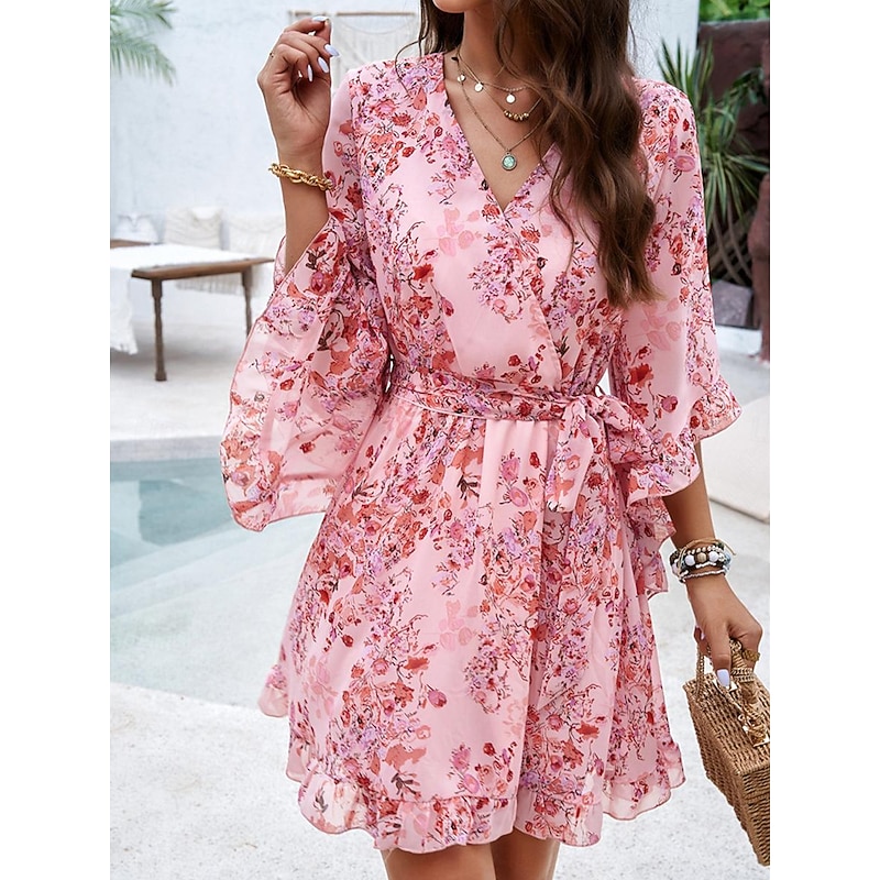 Women's Casual Dress Floral Lace up Print V Neck Mini Dress Boho Vacation 3/4 Length Sleeve Summer2