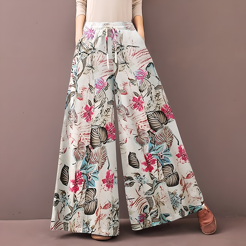 Women's Normal Culottes Wide Leg Wide Leg Pants Trousers Fashion Full Length Mid Waist Flower / Floral Side Pockets Baggy High Cut Comfort Inelastic Casual Weekend Yellow Red Deep Blue Summer Spring 9