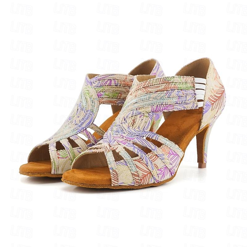 Women's Colorful Beaded Latin Dance Shoes, Floral Print High - Heel Salsa Sandals for Competition Performance2