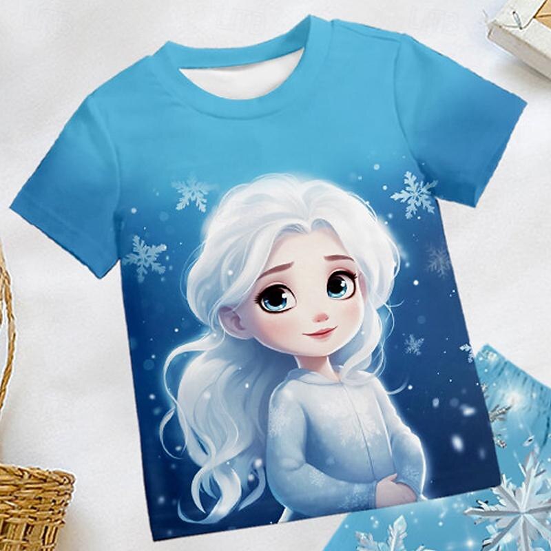 Girls' 3D Snowflake Princess Tee & Pants Pajama Sets Short Sleeve 3D Print Summer Active Fashion Cute Kids 3-12 Years Crew Neck Home Causal Indoor Regular Fit4
