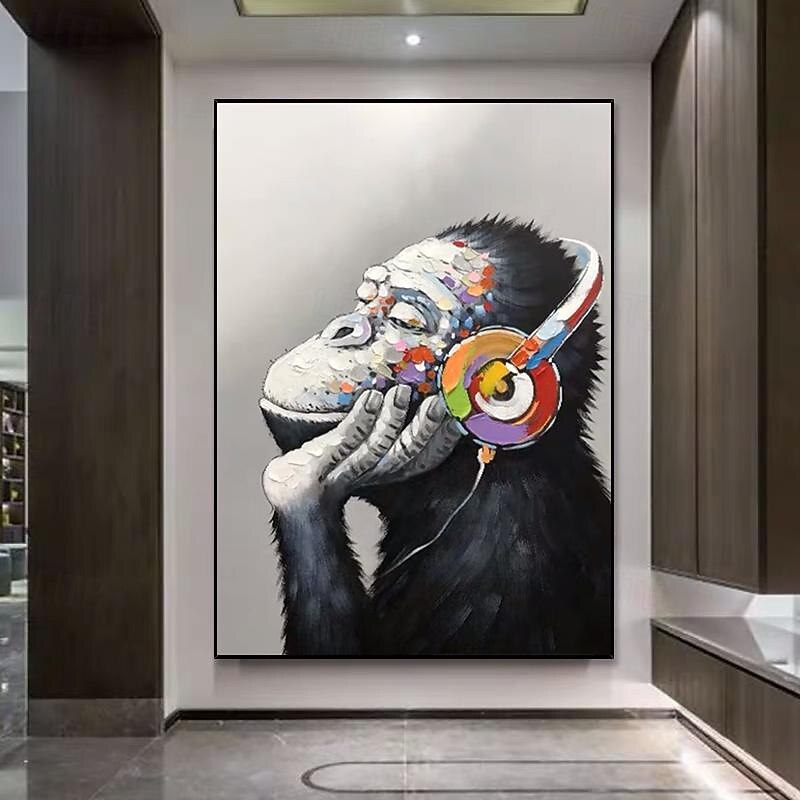 Mintura Handmade Abstract Animal Listen To Music Gorilla Oil Paintings On Canvas Wall Art Decoration Modern Picture For Home Decor Rolled Frameless Unstretched Painting