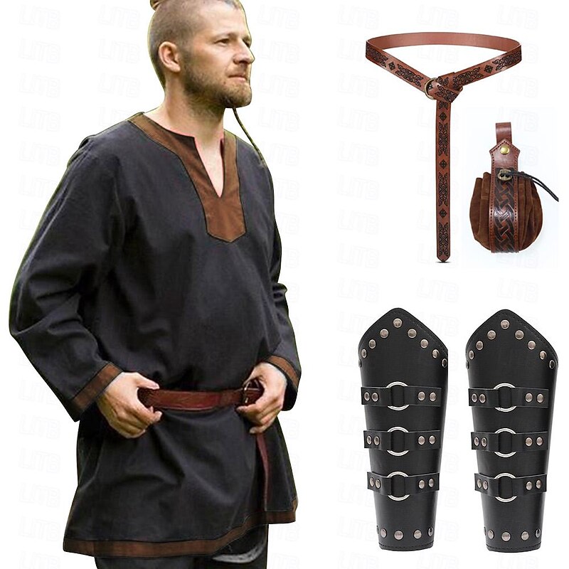 Retro Vintage Medieval Renaissance Blouse / Shirt Armor Waist Belt Pirate Warrior Knight Ritter Solid Color Fancy Dress Men's Viking Fantasy Halloween Carnival Masquerade Halloween Masquerade LARP4