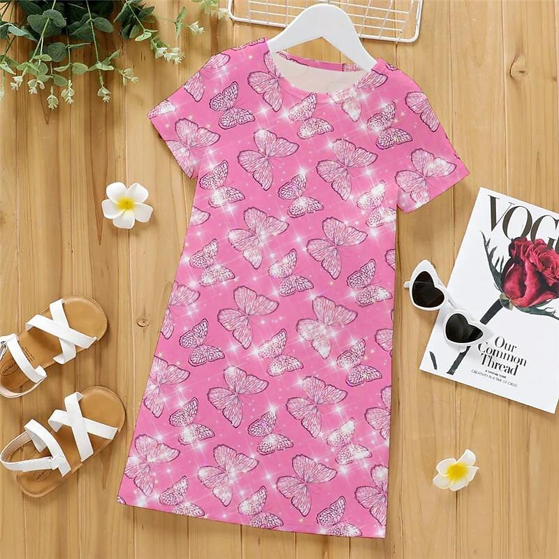 Girls' 3D Butterfly Pajamas Nightdress Pink Short Sleeve 3D Print Summer Active Fashion Cute Polyester Kids 3-12 Years Crew Neck Home Causal Indoor Regular Fit