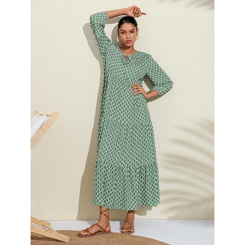 Women's A Line Dress Hem Maxi Maxi Dress Green Long Sleeve Geometic Geometrical Geometrical Spring V Neck Pattern Dress Simple fashion style Vacation S M L4