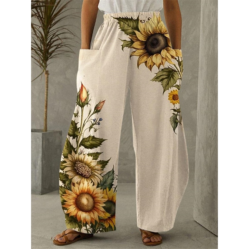 Women's Wide Leg Chinos Pants Trousers Active Fashion Full Length High Waist Sunflower Pocket Print High Cut Outdoor Comfortable Breathable Micro-elastic Street Daily Wear Khaki Spring Regular Fit