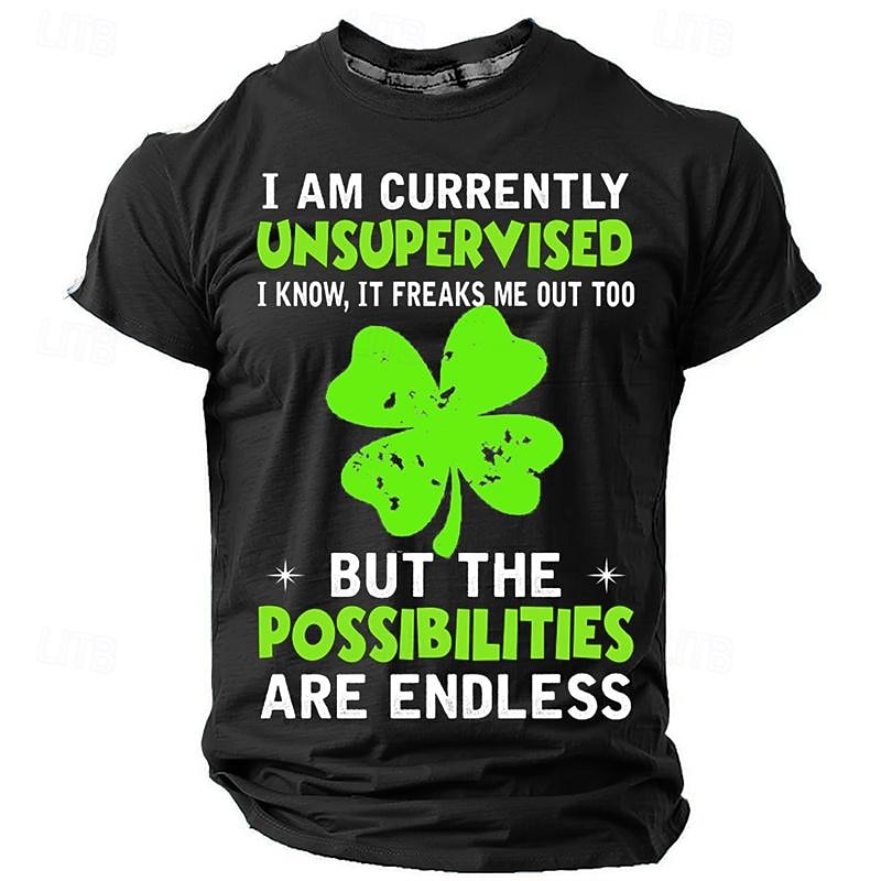 St. Patrick Men's Four Leaf Clover Shamrock I Am Currently Unsupervised I Know It Freaks Me out Too Lucky Irish T Shirt T shirt Tee Short Sleeve T shirt 3D Print Crew Neck Shirt Daily Designer Retro4