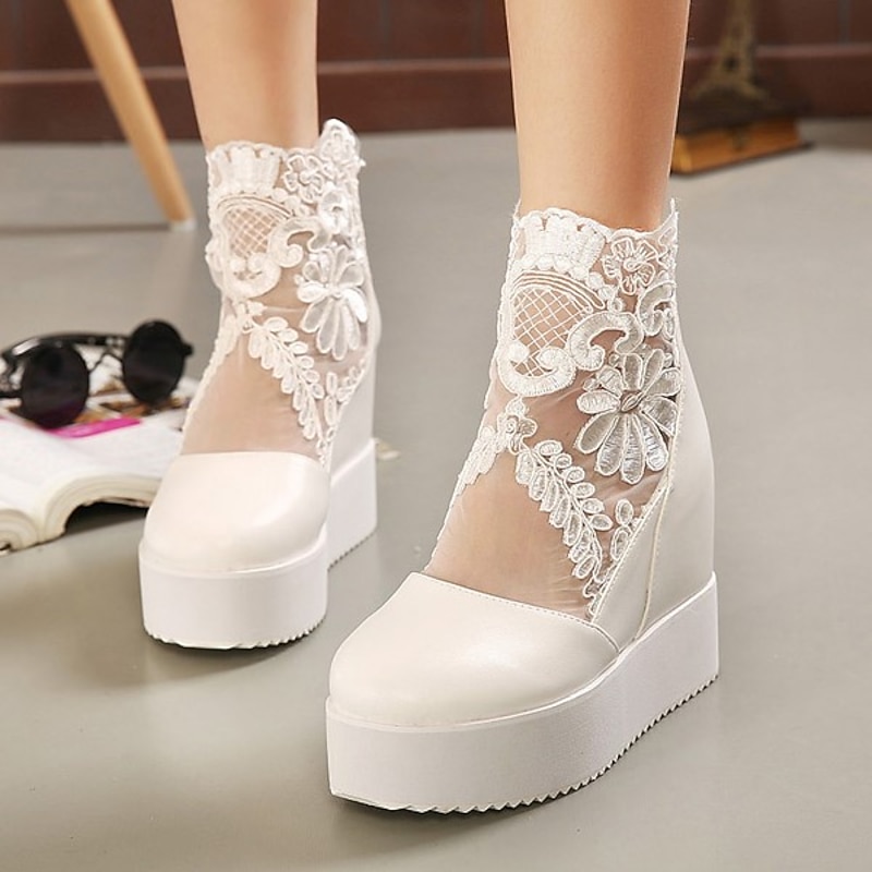 Women's White Platform Wedge Shoes with Lace Floral Embroidery – Stylish Bridal or Casual Party Footwear