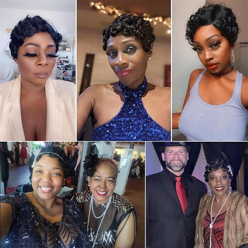 Wig Finger Wave Wig Short Syntheyic Hair Curly Wigs for Black Women Lady Nuna Wig 1920s Cosplay Costume Carnival Party Daily Use Halloween Wigs3