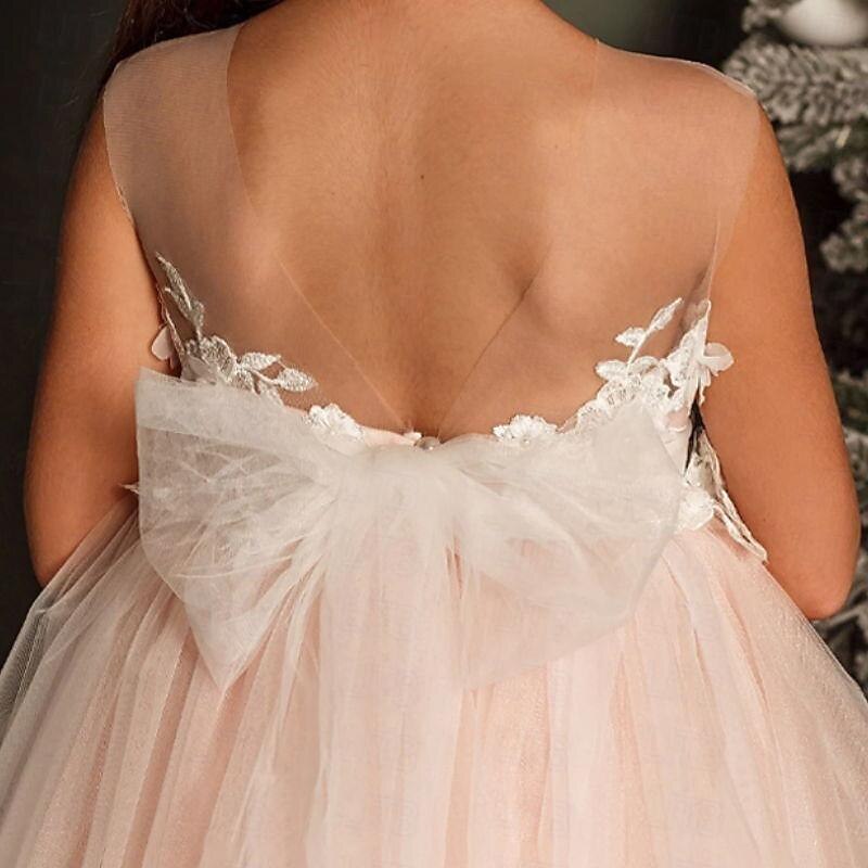 Kids Girls' Party Dress Solid Color Sleeveless Performance Wedding Party Mesh Princess Sweet Mesh Mid-Calf Sheath Dress Tulle Dress Summer Spring Fall kids Pink4