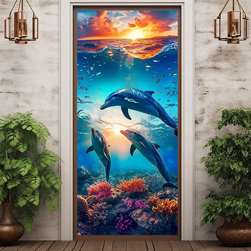Animal Dophin Door Covers Mural Decor Door Tapestry Door Curtain Decoration Backdrop Door Banner Removable for Front Door Indoor Outdoor Home Room Decoration Farmhouse Decor Supplies