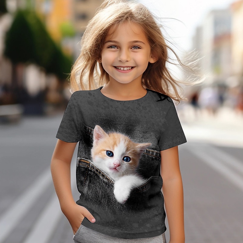 Girls' 3D Cat Tee Shirts Short Sleeve 3D Print Summer Active Fashion Cute Kids 3-12 Years Crew Neck Outdoor Casual Daily Regular Fit3