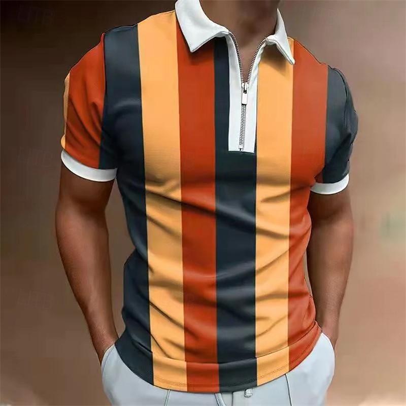 Men's Striped Zip Polo Shirts Golf Shirt Short Sleeve Polo Shirts Collared Shirts Business Casual WorkWear Formal Wear Festival Wear 3D Print Quarter Zip Polo Summer Yellow Blue Purple