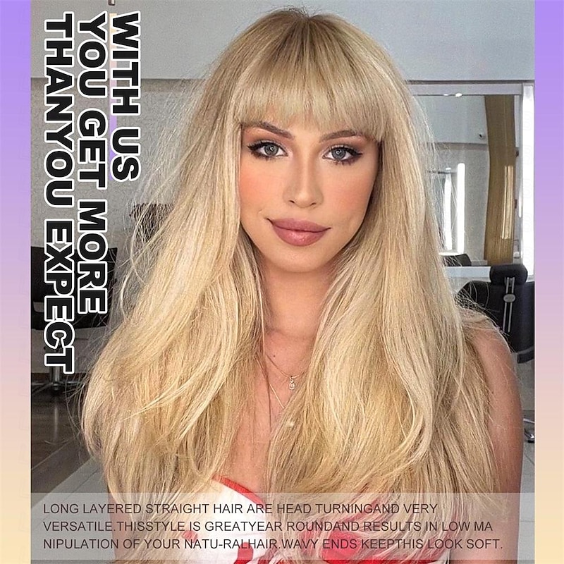 Blonde Long Layered Wig with BangsStraight Hair Wigs for WomenSynthetic Heat Resistant Natural Looking Hair Wig for Party Cosplay Dality Use Halloween Wigs2