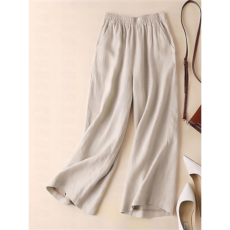 Women's Wide Leg Cotton Linen Pants Chinos Fashion Streetwear Simple Ankle-Length High Waist Plain Maillard Pocket Elastic Waist Baggy Comfort Breathability Soft Micro-elastic Vacation Daily Daily4