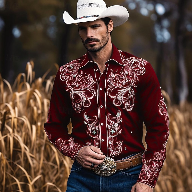 Men's Floral Graphic Prints Leaves Shirt Western Shirt Long Sleeve Shirt Turndown Outdoor Street Black Red Navy Blue Print Button-Down Clothing Apparel Fashion Streetwear Designer Western Style3