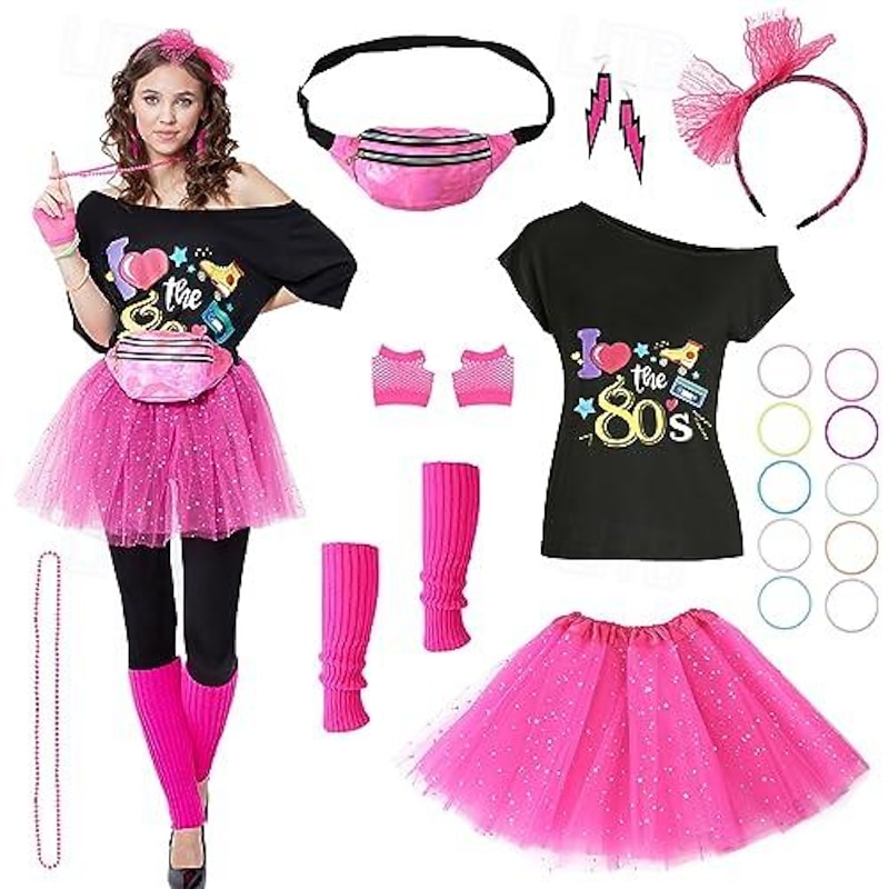 Retro Vintage 1980s T-shirt Accesories Set Fancy Dress Women's Halloween Carnival Masquerade Party / Evening Pride Parade Pride Month Adults' Skirts Gloves Leg Warmers2