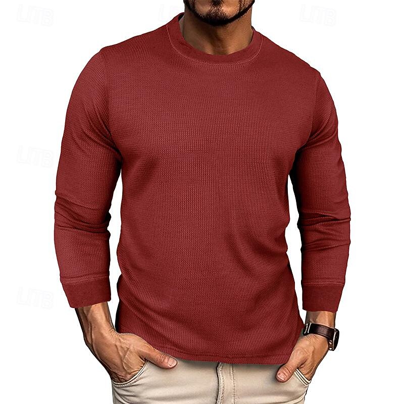 Men's Waffle Tee Waffle Shirt T Shirt Tee Long Sleeve Crew Neck Spring &  Fall Plain Fashion Designer Basic Knit Vacation Street Going out Black White Wine Top Tee for Men4