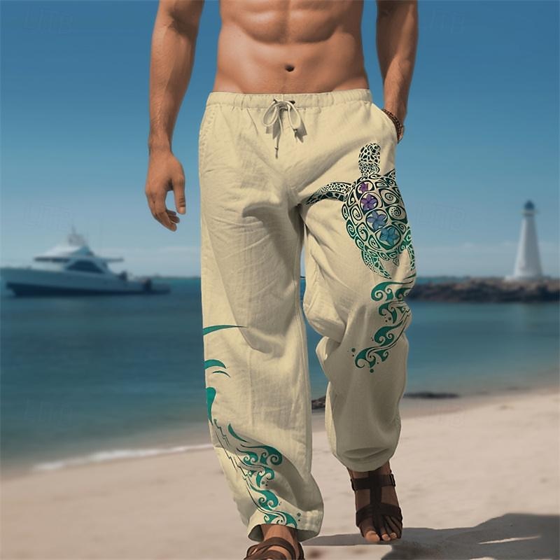 Men's Animal Turtle Linen Pants Pants Trousers Baggy Pants Mid Waist Hawaiian Casual Outdoor Daily Wear Streetwear Elastic Drawstring Design Fall & Winter White Blue Green2