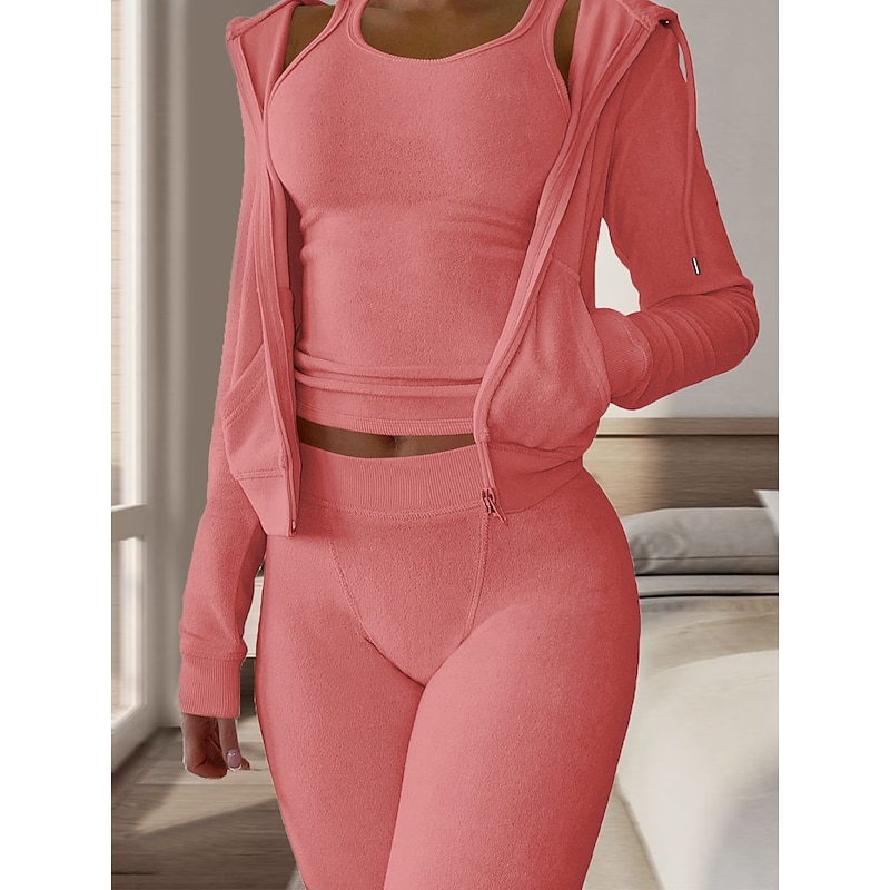 Women's Pajamas Sets 3 Pieces Pure Color Warm Fashion Plush Home Daily Bed Flannel Warm Breathable Hoodie Long Sleeve Hoodie Pant Fall Winter Home Outfits3