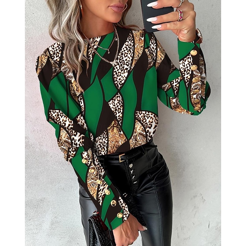 Women's Blouse Elegant Color Block Buttons Print Raglan Sleeves Long Sleeve Round Neck Casual Yellow Red Blue Green Spring & Summer3