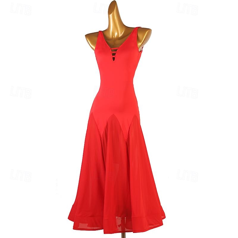 Ballroom Dance Dress Pure Color Women's Performance Training Sleeveless High Chiffon Chinlon3