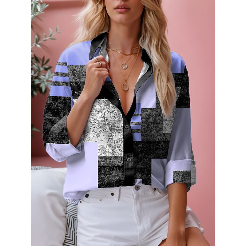 Women's Shirt Button Down Tunic Shirt Collar Long Sleeve Fashion Color Block s Print Regular Tops Casual Yellow Pink Blue Spring & Fall3