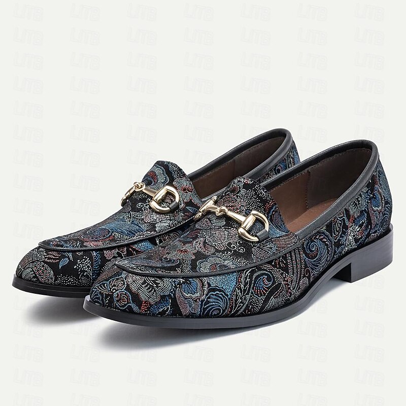 Men's Black Leather Loafers Floral Embroidered Chain3