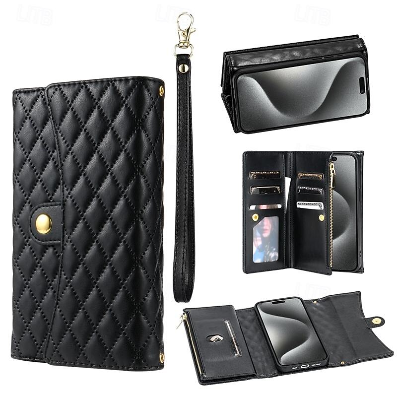 Phone Case For iPhone 17 Pro Max 17 Air 16 15 14 Pro Max Plus 13 12 11 Pro Max Wallet Case Zipper Full Body Protective with Lanyard Retro Geometric Pattern TPU PU Leather