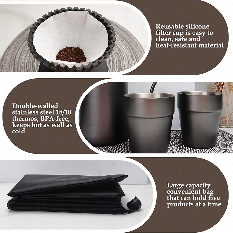 Pour Over Coffee Maker Set- 6 in 1 SUS304 Teflon Surface Slow Drip Coffee Maker Set  Dripping Cup Filter Paper Cup Portable Box for Traveling,Coffee Gift Box Set Valentine's Day Gift4