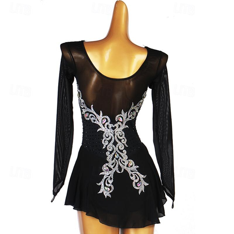 Dance Salsa Latin Dance Dress Rhinestone Ruffle Women's Girls' Performance Training Long Sleeve High Spandex Tulle2