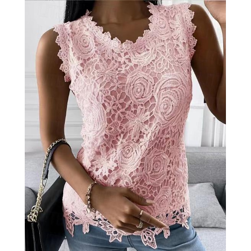 Women's Camisole Tank Top Eyelet top White Lace Shirt Women's Black White Pink Solid Color Lace Street Daily Fashion Round Neck S4