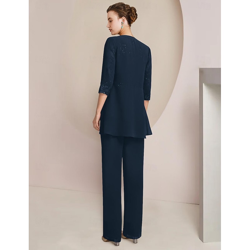 Beach Wedding Pantsuit 3 Piece Mother of the Bride  Formal Wedding Guest Elegant Scoop Neck Floor Length Chiffon Lace Sequined 3/4 Length Sleeve with Lace Sequin free custom2