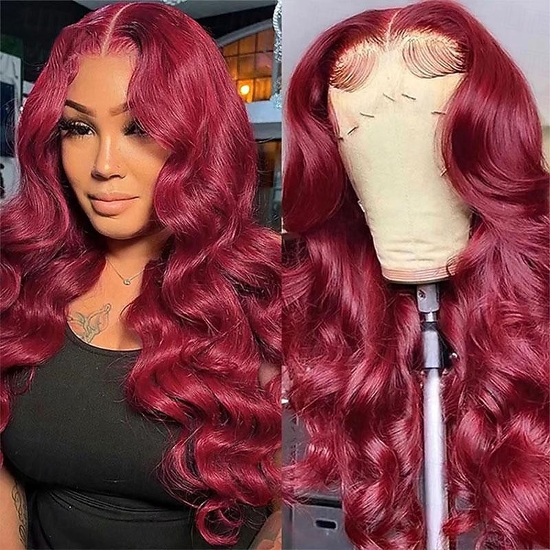 Remy Human Hair 99J# Burgundy 13*4*1 T Lace Wig body Human Hair 150% Density 14-30 Inches3
