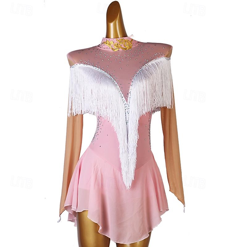 Dance Salsa Latin Dance Dress Rhinestone Tassel Women's Girls' Performance Training Long Sleeve High Spandex Tulle